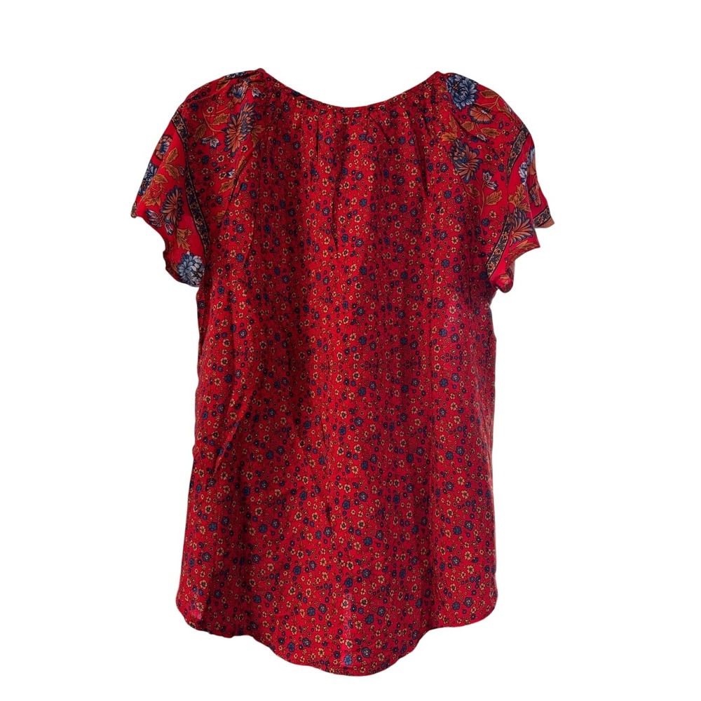 Hapsho Red Floral Boho Viscose Blouse Short Sleeve Tie Neck Top Size Large - Picture 2 of 7